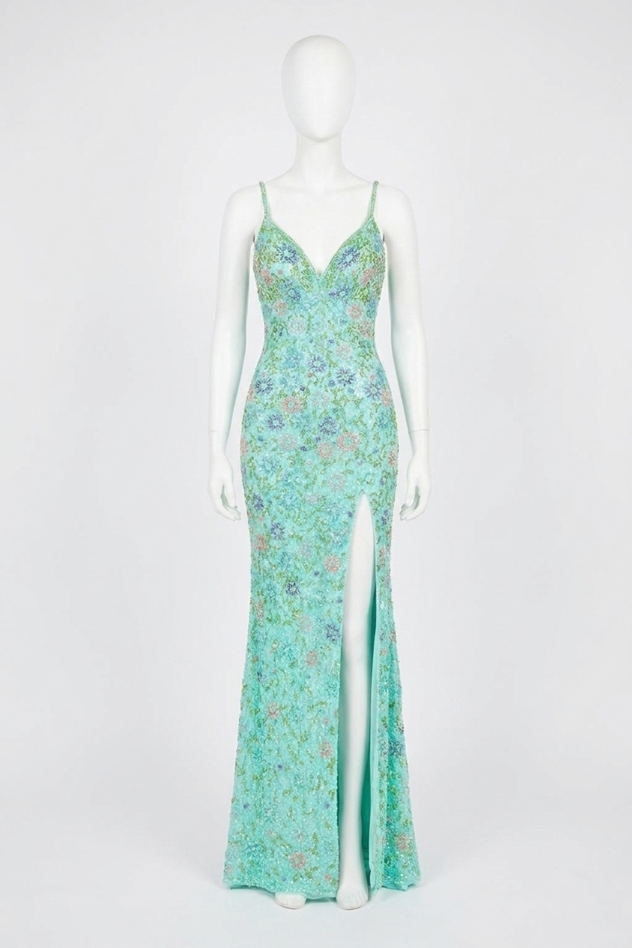 NEW AMARRA fitted sequin beadede slit gown in aqua